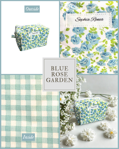 Medium Blue Rose Garden Makeup Bag